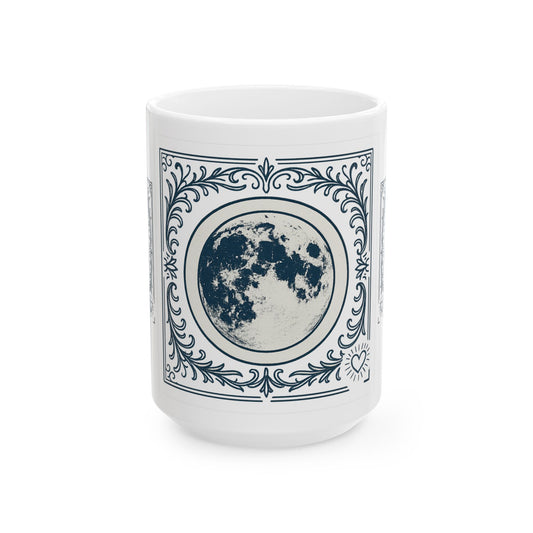 Moon Phase White Ceramic Mug — Vintage Lunar Art Coffee Cup (11oz, 15oz)