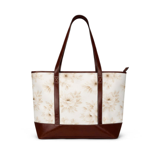 Soft Bloom floral cream tote handbag back view – blush watercolor dahlia print water-resistant tote with leather trim by the Soulful Brush