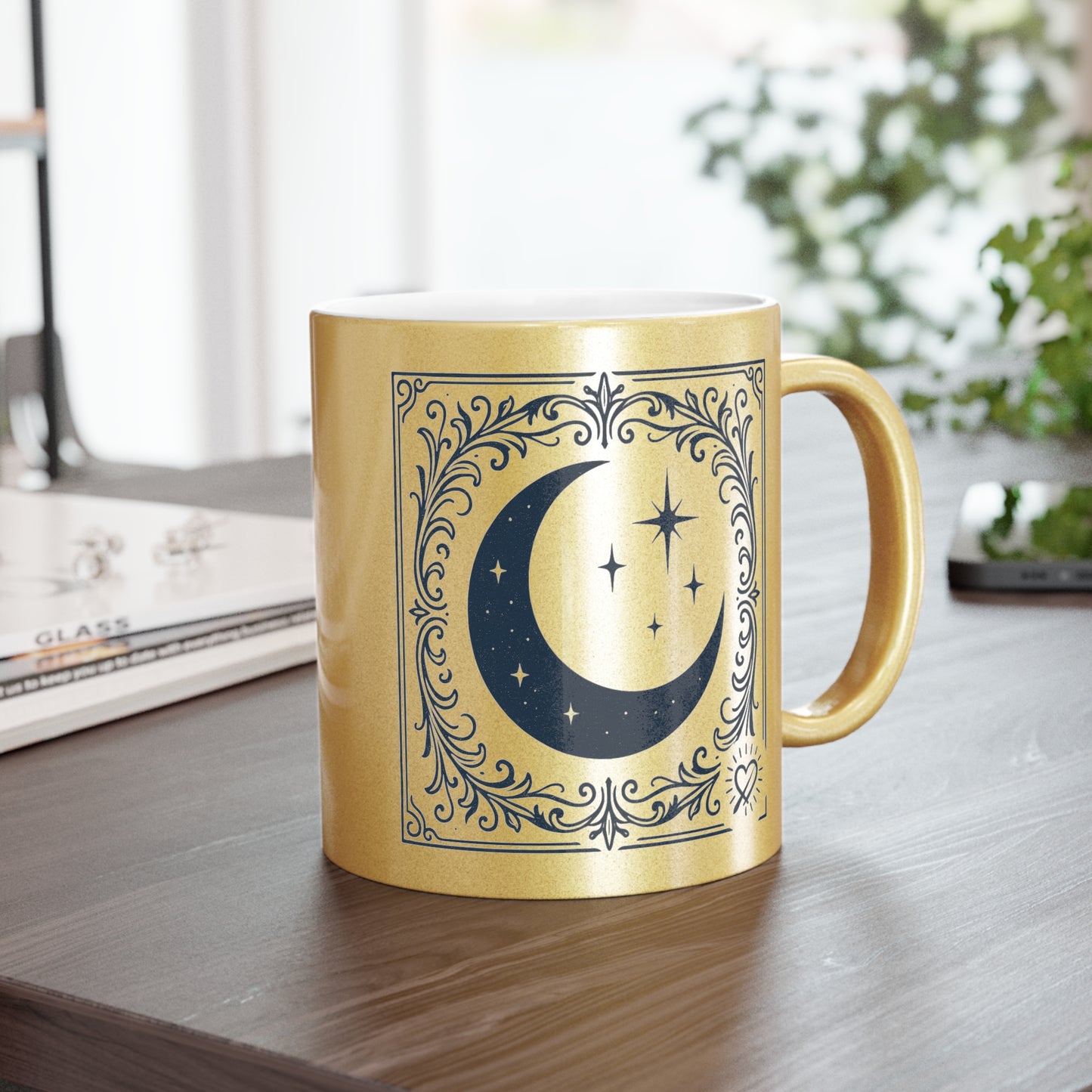 Taza de café con Luna Creciente y Menguante Metálica — Celestial Plata/Oro