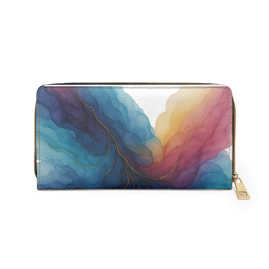 Gloria Zipper Wallet — Colorful Watercolor Wave Zip-Around Wallet with Gold Accents