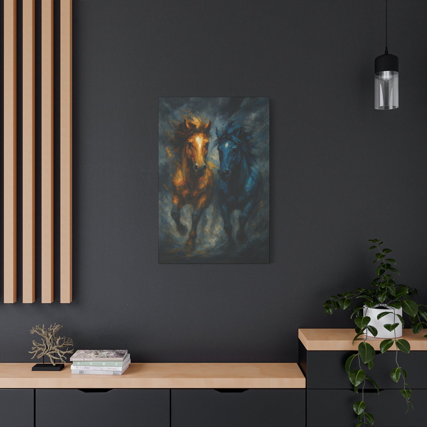 Running Horses Matte Canvas Wall Art — Abstract Gold & Blue Horse Painting