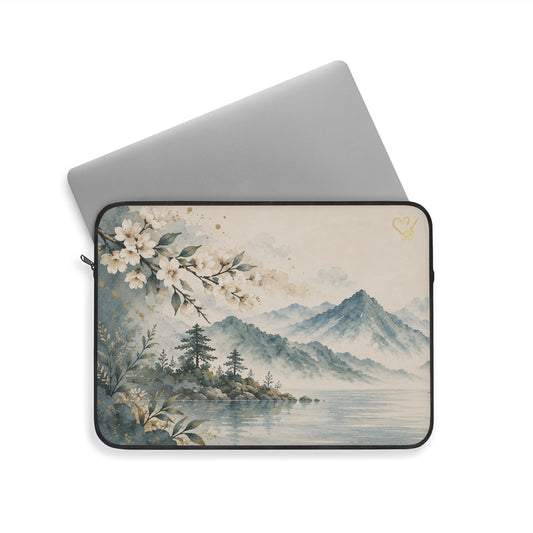 Serene Mountain Lake Laptop Sleeve | Floral Landscape Art