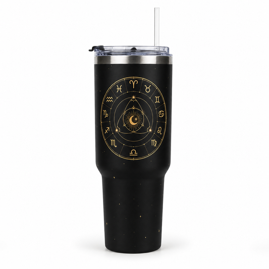 Triad Zodiac Wheel 40oz Tumbler — Vacuum Insulated Travel Mug with Gold Constellation Design