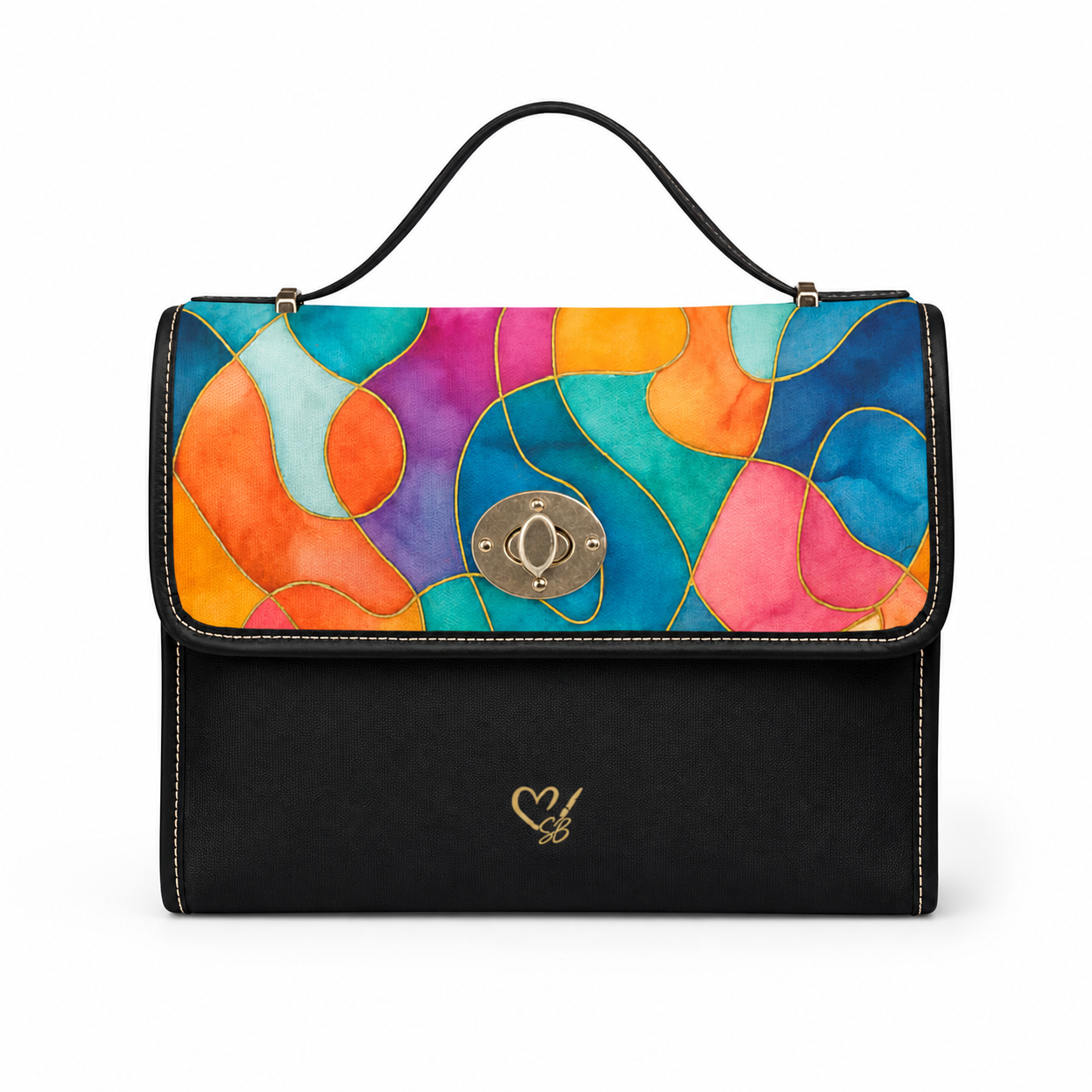 Vicky canvas handbag front view – colorful abstract watercolor flap with structured black body and PU leather handles by the Soulful Brush