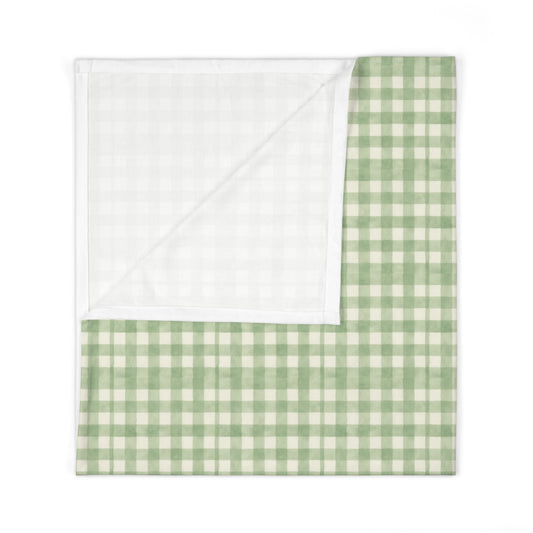 Woodland Friends Green Plaid Baby Swaddle Blanket — Soft Pastel Flowers Newborn Wrap