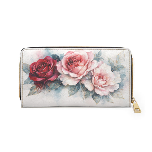 Rosie-Artisan Luxe Cartera con cremallera — Cartera larga con rosas rojas y rosadas en acuarela