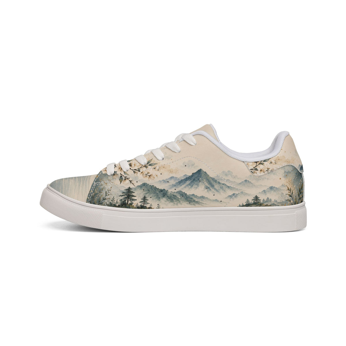 Low-Top Sneakers — Watercolor Mountain Landscape Women’s Leather Shoes