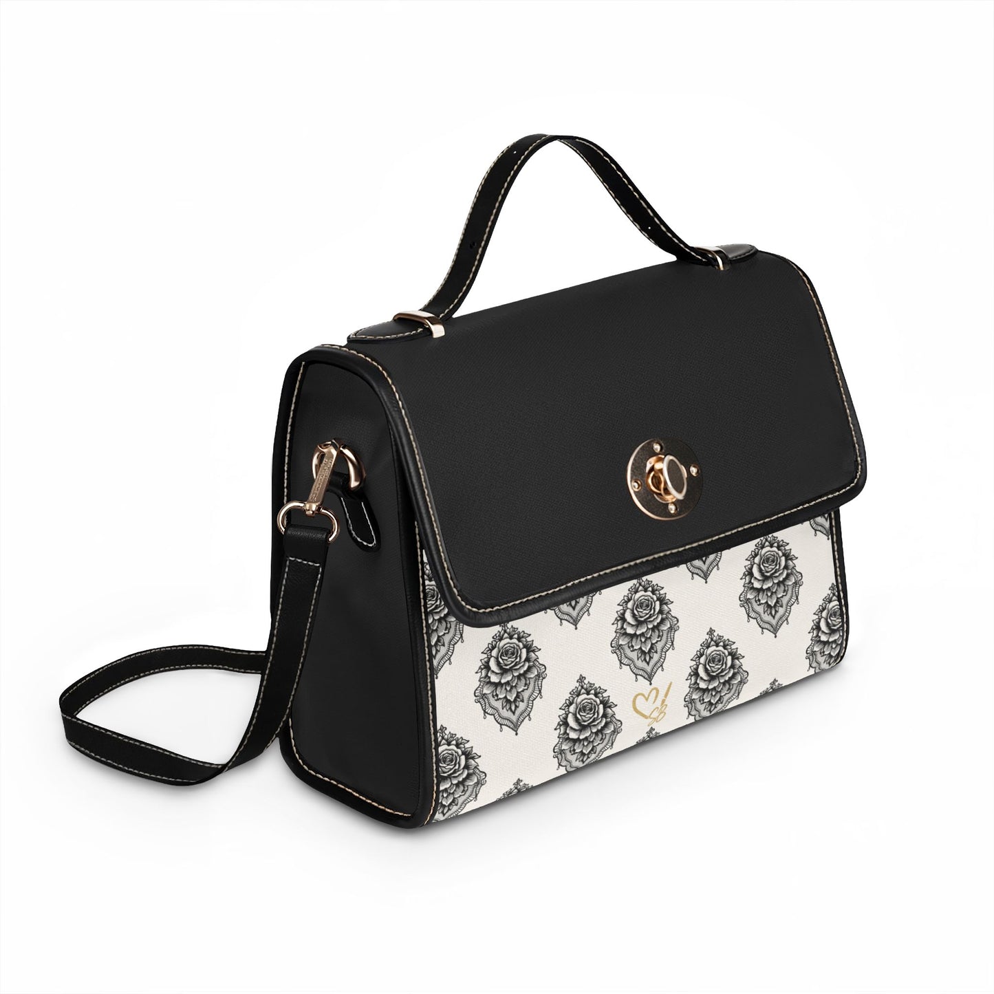 Veiled Rose Nior-Canvas Satchel Bag – Black & White Damask Waterproof Crossbody