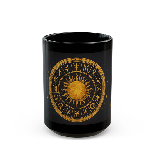 Taza Solar Disk-Black — Taza de café con símbolos astrológicos dorados (325 ml/444 ml)