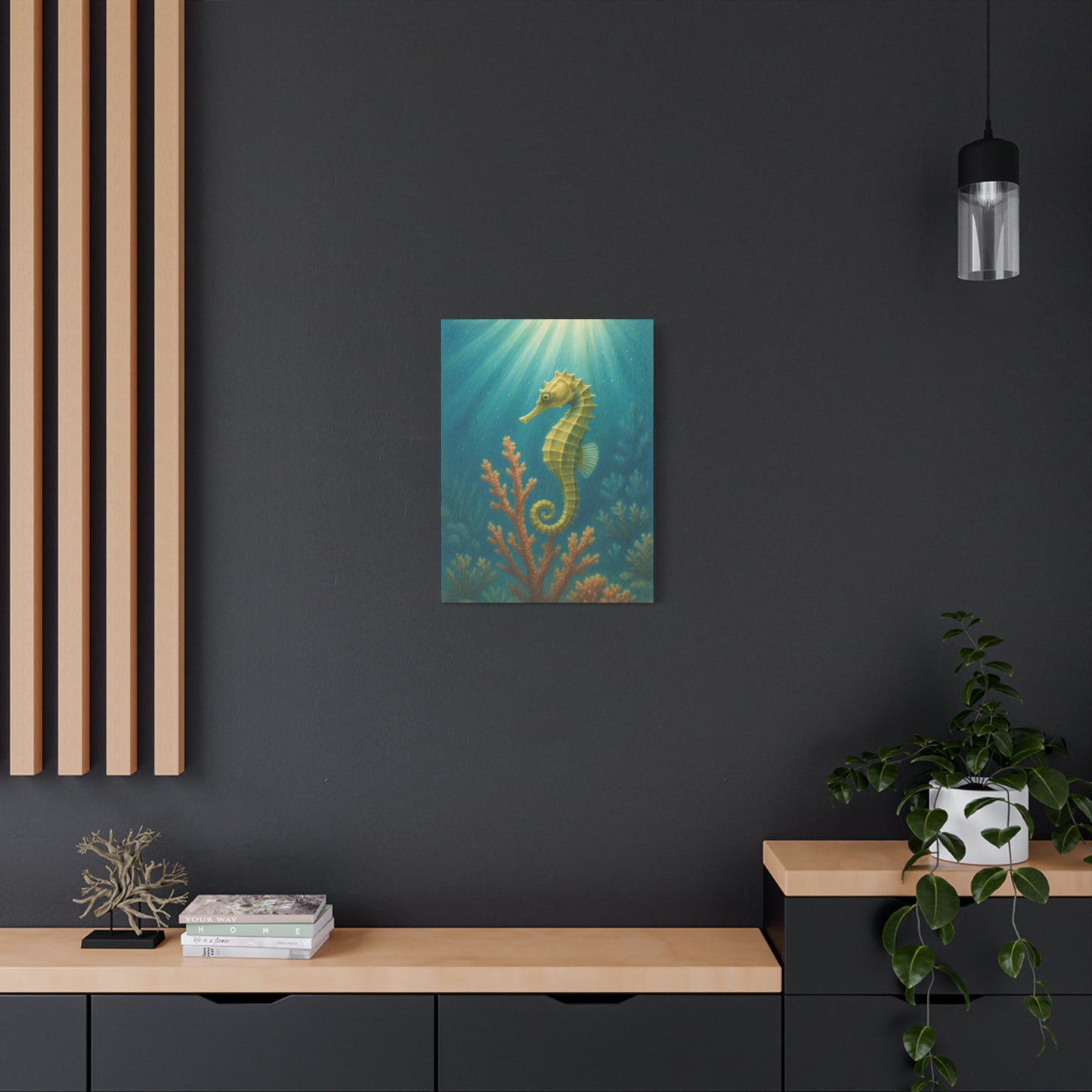 Lámina artística de caballito de mar con paspartú — Lámina artística náutica para pared