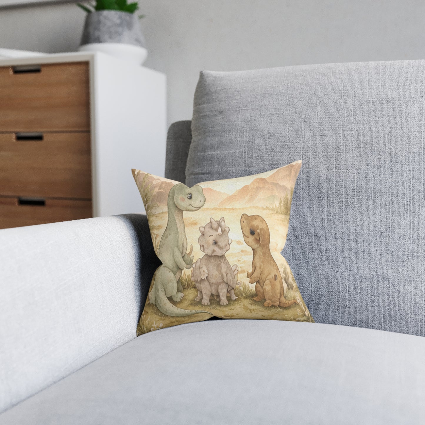 Cute Dino Nursery Square Pillow — Watercolor Baby Dinosaur Trio Decorative Throw Pillow