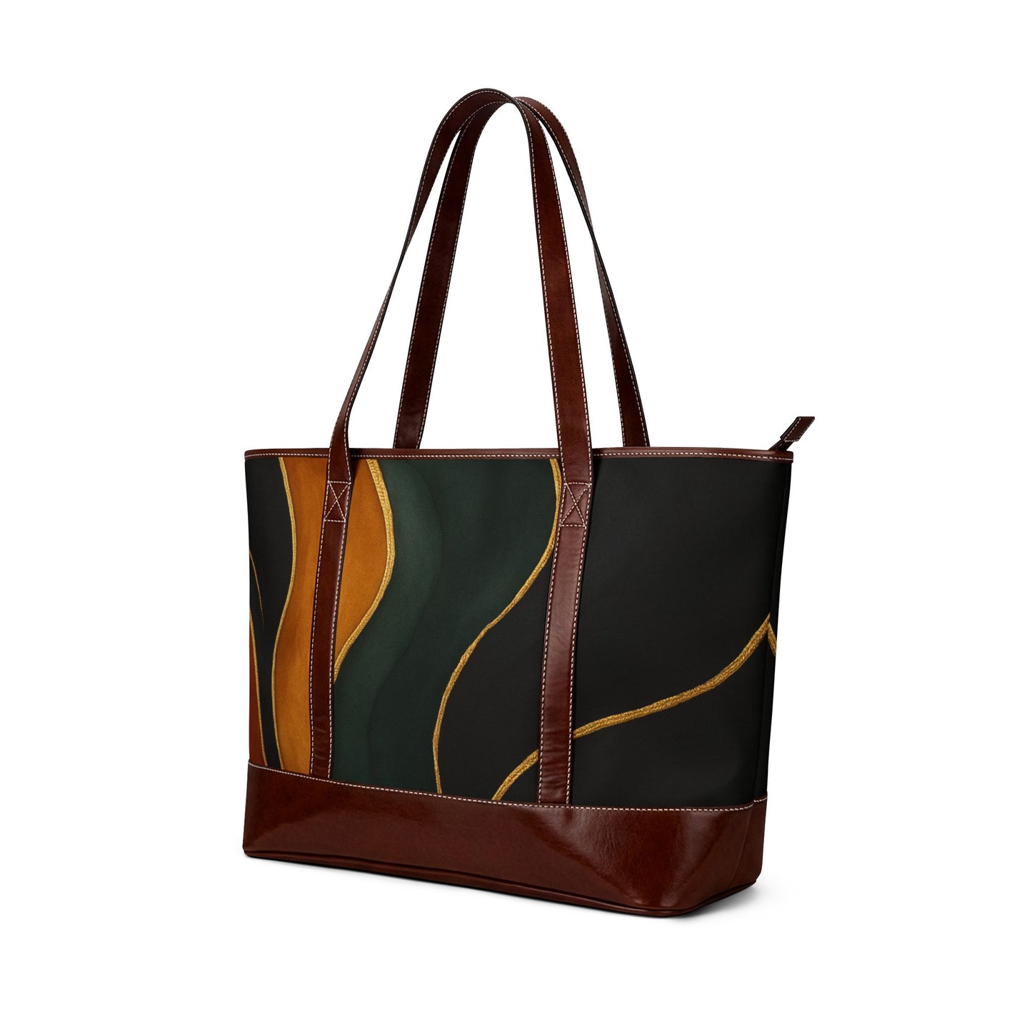 Vivian abstract autumn waves handbag right side view – earthy green amber abstract print water-resistant tote by the Soulful Brush