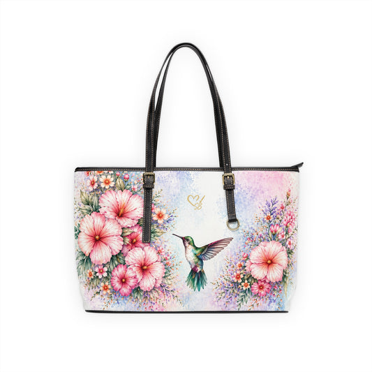 Lila Artisan Luxe PU leather shoulder bag 16x10 front view – watercolor floral hummingbird print tote by the Soulful Brush