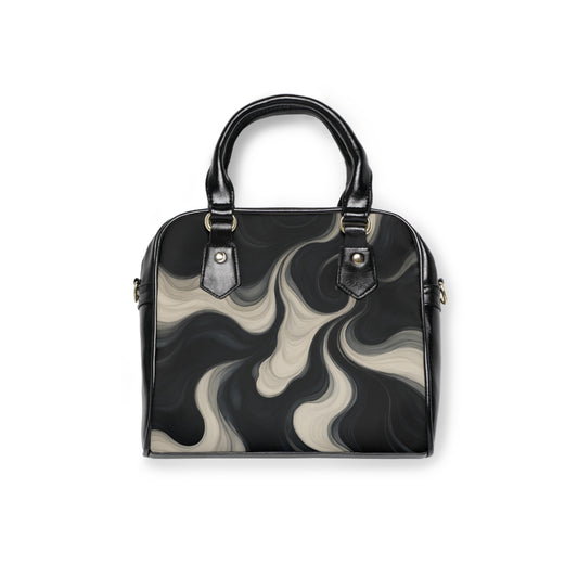 Marble Swirl Shoulder Handbag — Black & Cream Abstract Pattern