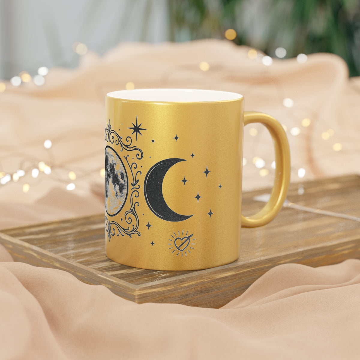 Moon Phase Metallic Mug — Crescent & Full Moon Silver Coffee Cup