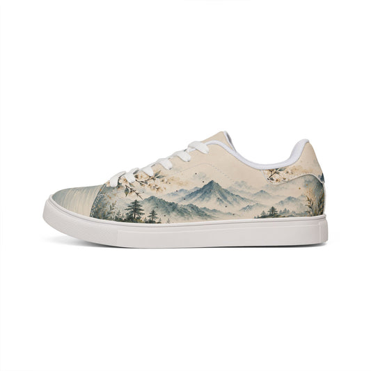 Low-Top Sneakers — Watercolor Mountain Landscape Women’s Leather Shoes