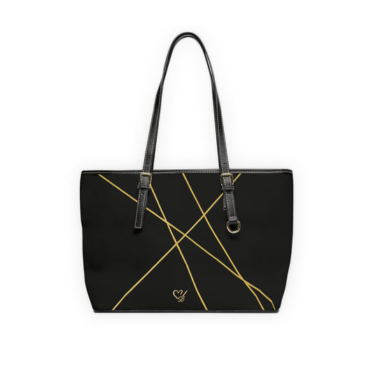 Michelle PU leather tote bag 16x10 front view – minimalist black with gold geometric line accent by the Soulful Brush