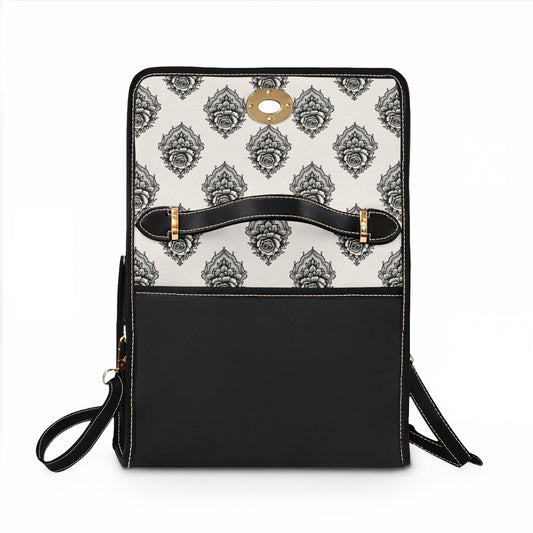 Bolso de lona "Rosa Velada" - Elegante bandolera damasco en blanco y negro