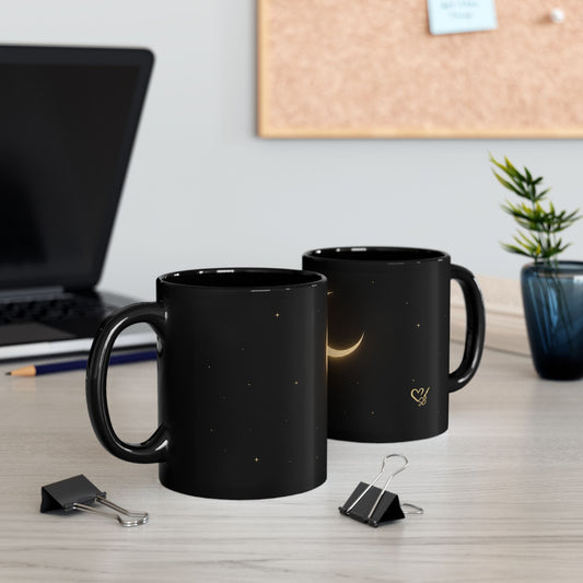Lunar Veil black crescent moon mugs 11oz and 15oz – minimal gold moon stars ceramic cups by the Soulful Brush
