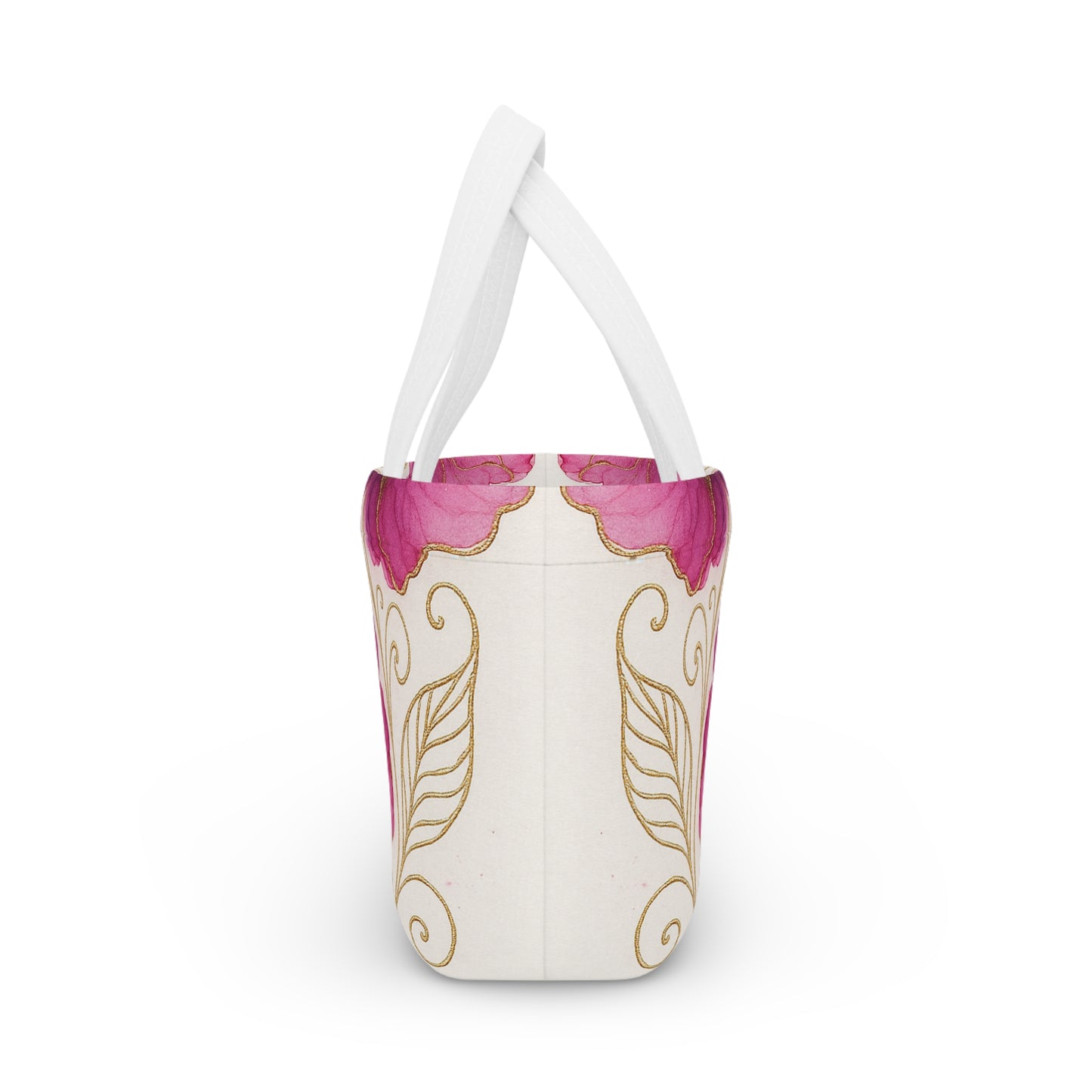 Floral Pink Poppy Lunch Bag — Insulated Tote with Gold Vine Design