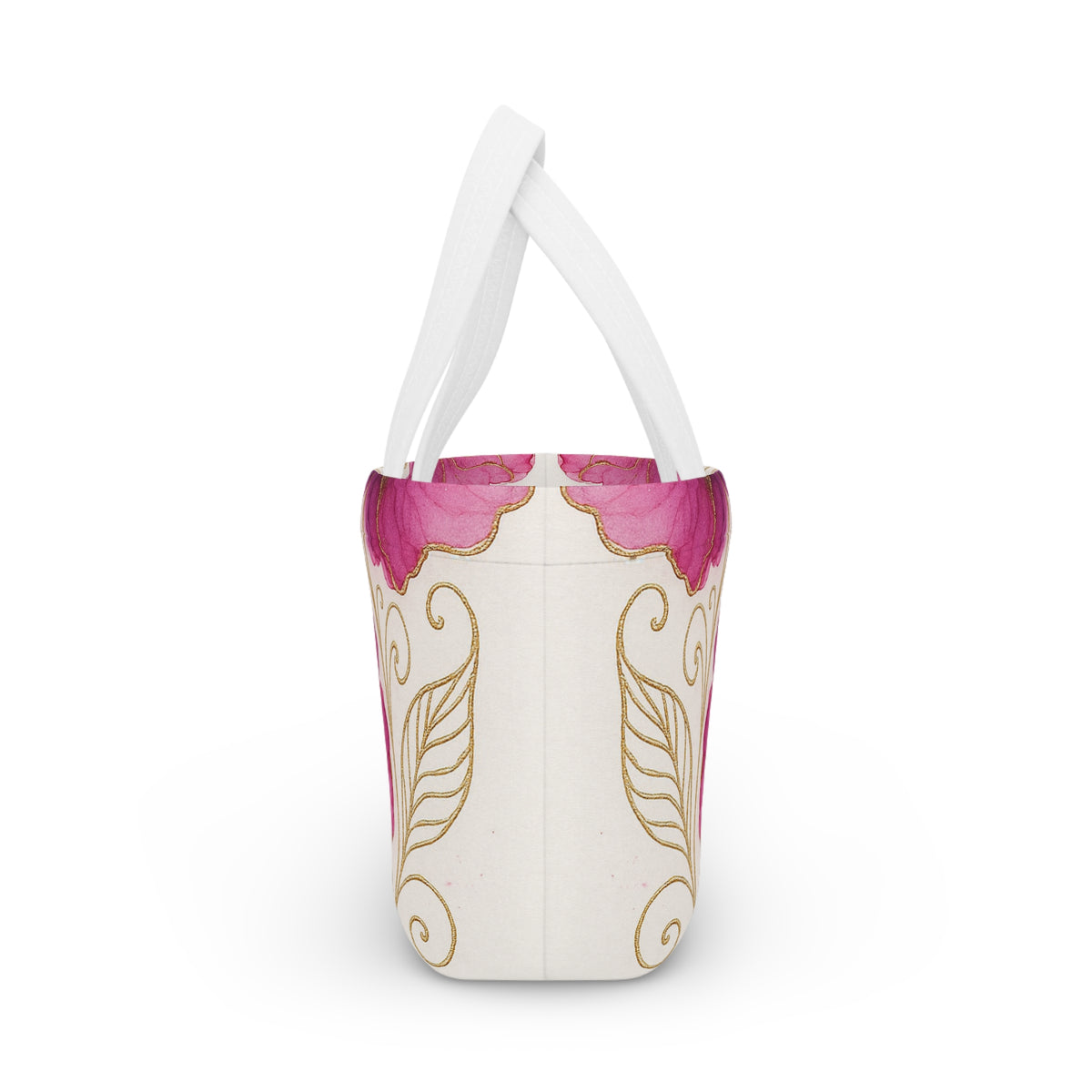 Floral Pink Poppy Lunch Bag — Insulated Tote with Gold Vine Design