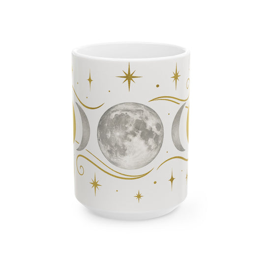 Taza de Cerámica Fases Lunares — Taza de Café Celestial Dorada y Plateada (325ml/440ml)