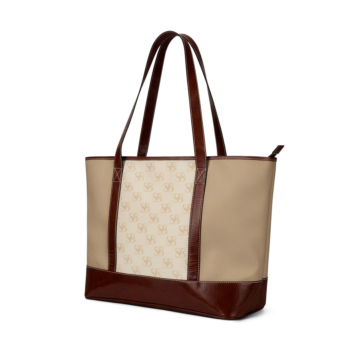 Monogram Canvas Tote Handbag – Beige & Brown Classic Logo Shoulder Bag