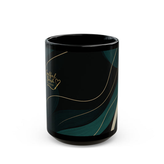 Abstract Teal Wave Black Mug -Soulful Collection— Modern Swirl Coffee Cup (11oz/15oz)