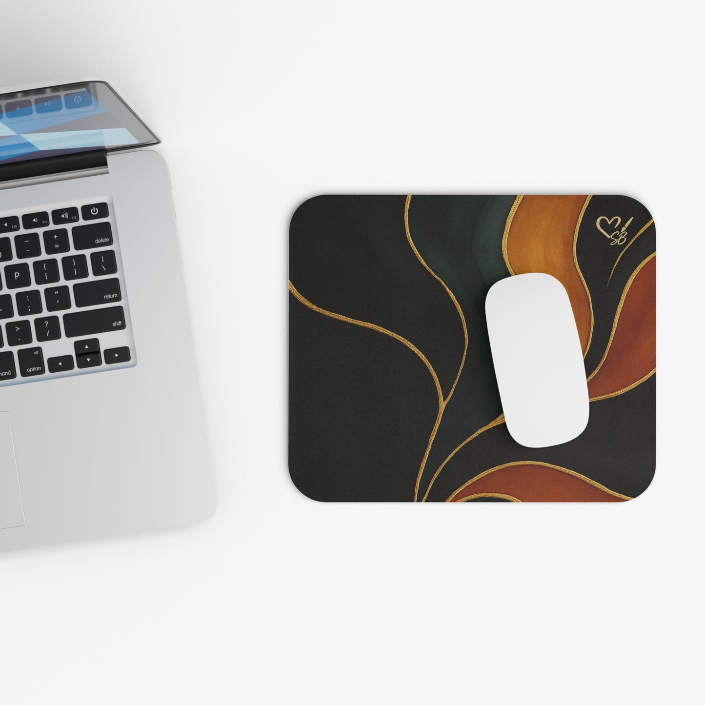 Vivian Artisan Luxe mouse pad lifestyle shot – abstract autumn waves print desk accessory styled on work desk with computer by the Soulful Brush