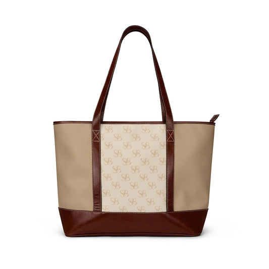 Monogram Canvas Tote Handbag – Beige & Brown Classic Logo Shoulder Bag