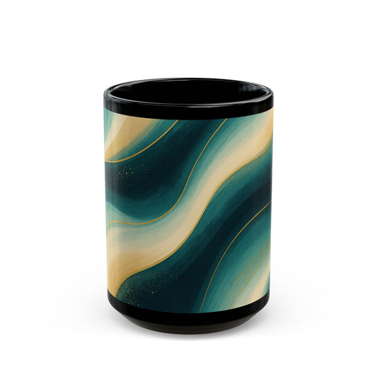 Teal & Gold Abstract Swirl Black Coffee Mug- Soulful Collection (11oz, 15oz)