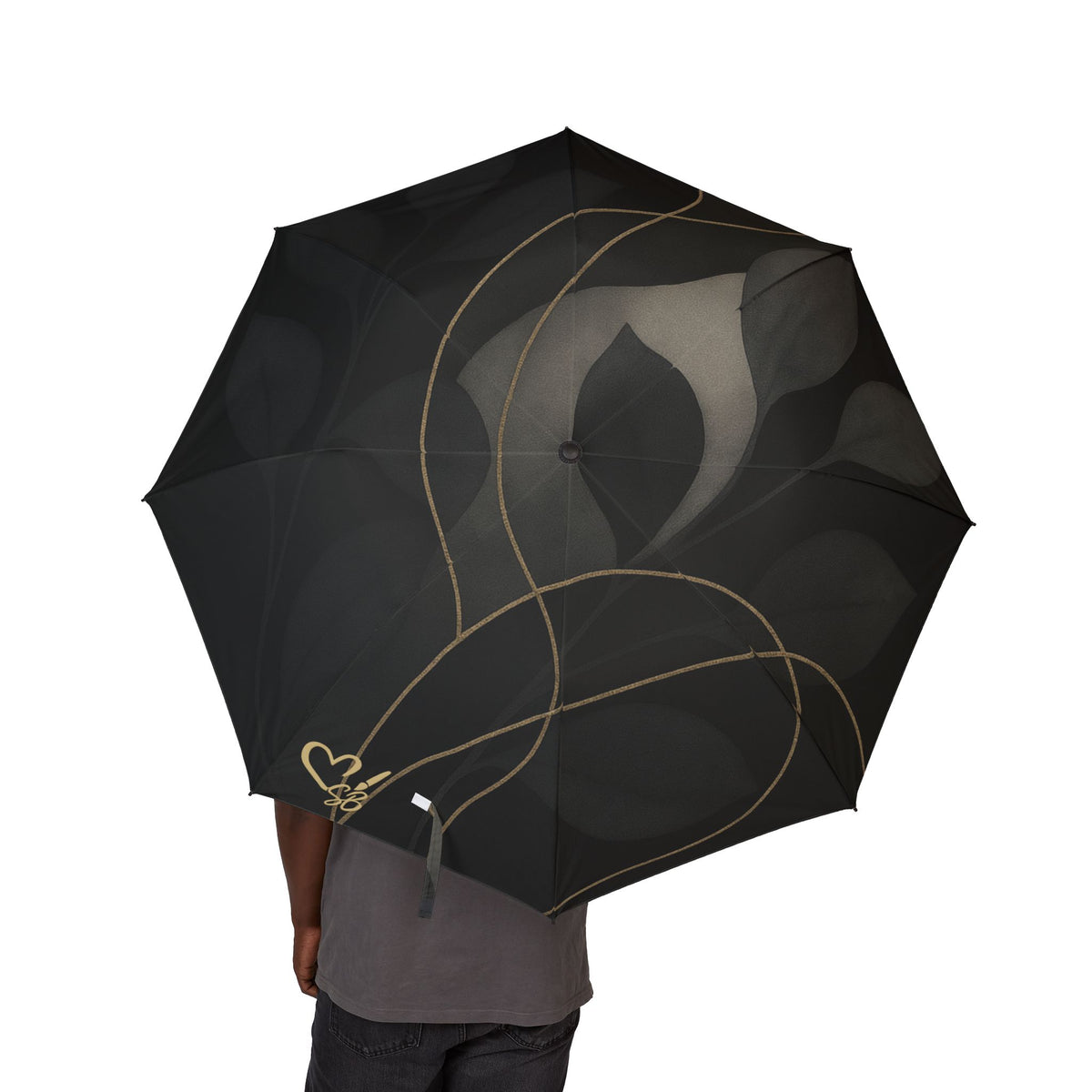 Shirley-2025 Artisian Collection-Foldable Umbrella — Elegant Black Abstract Leaf Design, Semi-Automatic Compact Travel Umbrella