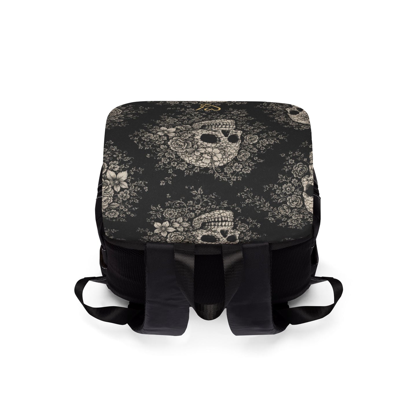 Requiem Bloom backpack close-up of gothic floral skull artwork – dark botanical print by the Soulful Brush
