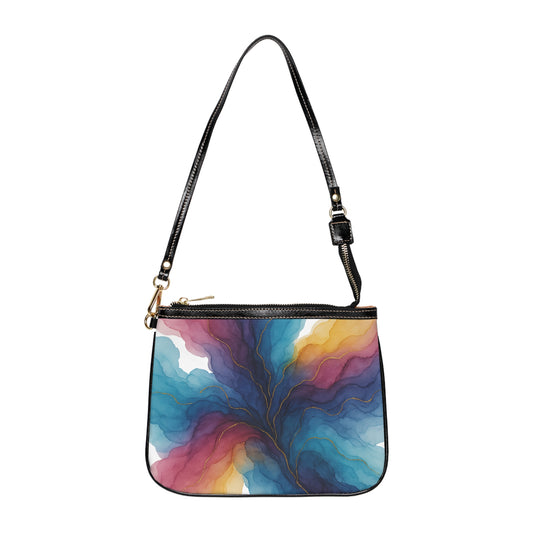 Gloria shoulder bag back view – colorful floral swirl double-sided PU leather purse with gold hardware by the Soulful Brush