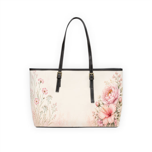 Quiet Bloom PU leather shoulder bag back view – pink peony floral handbag by the Soulful Brush