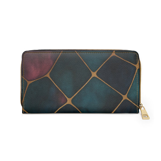 Cartera con cremallera de vidrieras abstractas - Lujo de verde azulado y baya