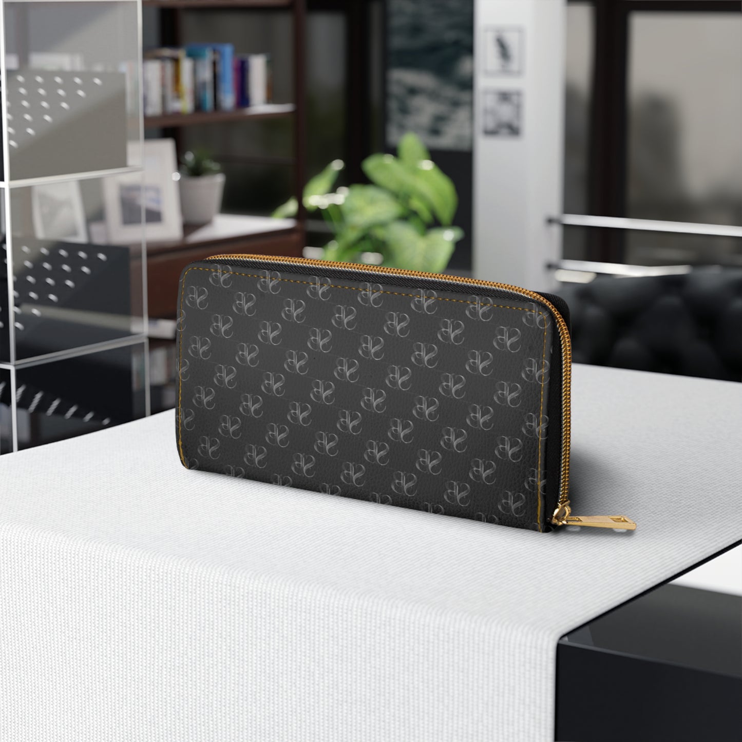 Eclipse- Zipper Wallet – Classic Black Logo Print with Gold Hardware