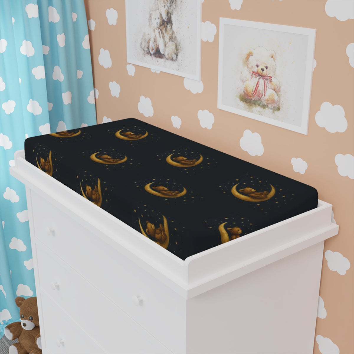 To the Moon 3 – Funda para cambiador de bebé | Celestial Dreams – Estampado de luna creciente dorada para guardería