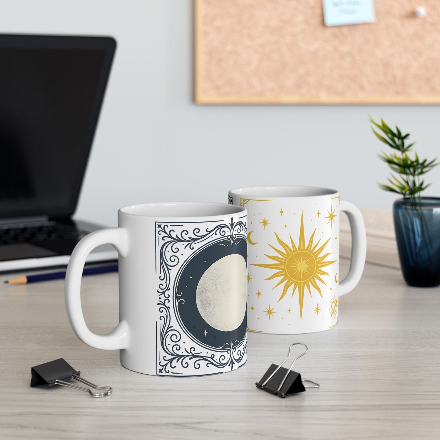 Taza de cerámica Duo Astrology Luna y Sol — Taza de café inspirada en el Tarot celestial (11oz/15oz)