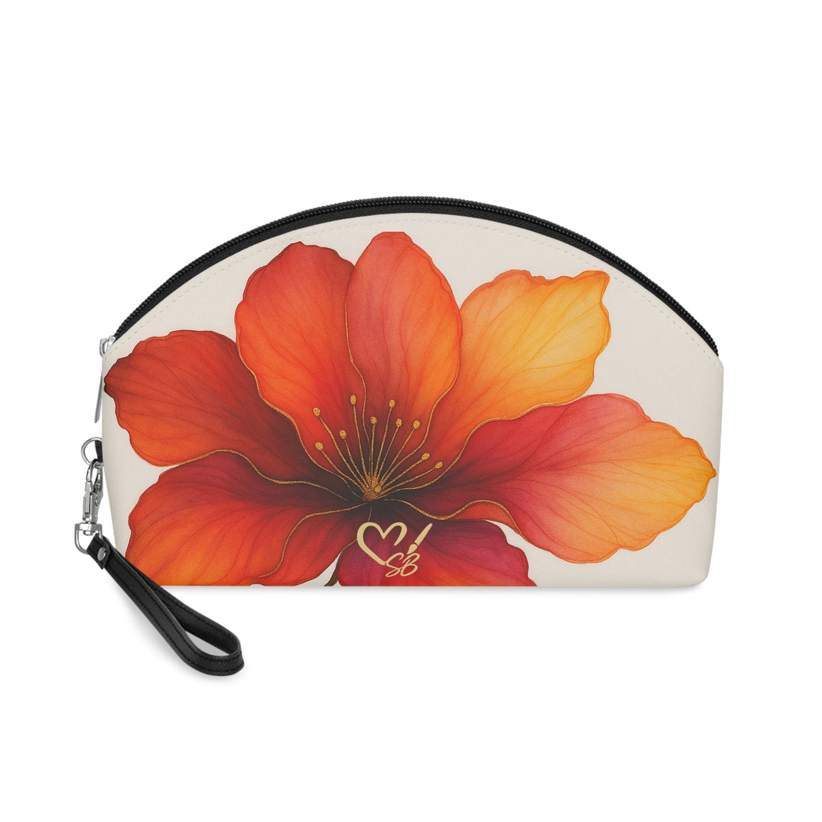 Bella makeup bag front view – orange hibiscus print PU leather cosmetic pouch with black zipper by the Soulful Brush
