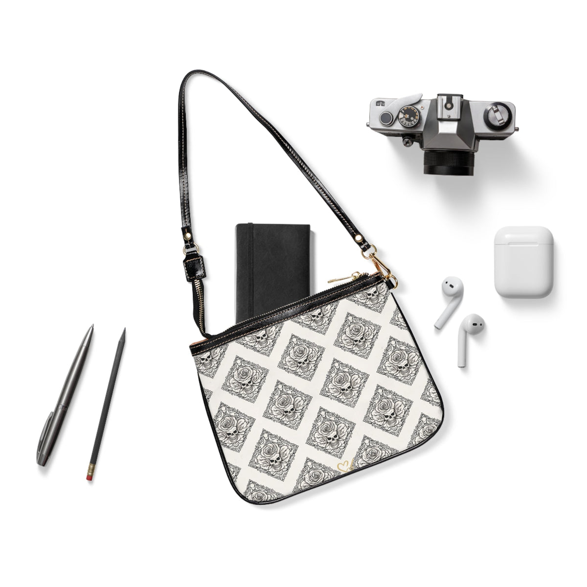 Relic Bloom small PU leather crossbody shoulder bag flat view — black and white floral damask print with gold hardware and adjustable strap, by The Soulful Brush
