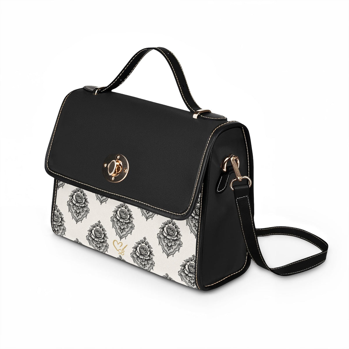 Veiled Rose Noir waterproof canvas satchel bag right side fview — black and white damask print with PU leather trim and metal twist-lock closure, by The Soulful Brush