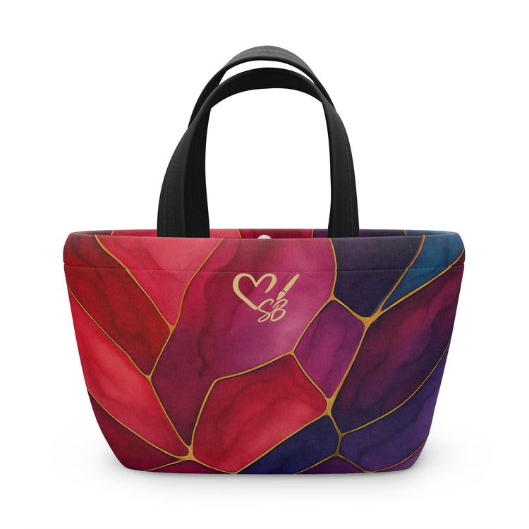 Shelby Artisan Luxe insulated lunch bag front view – vibrant jewel-tone stained glass print lunch tote by the Soulful Brush
