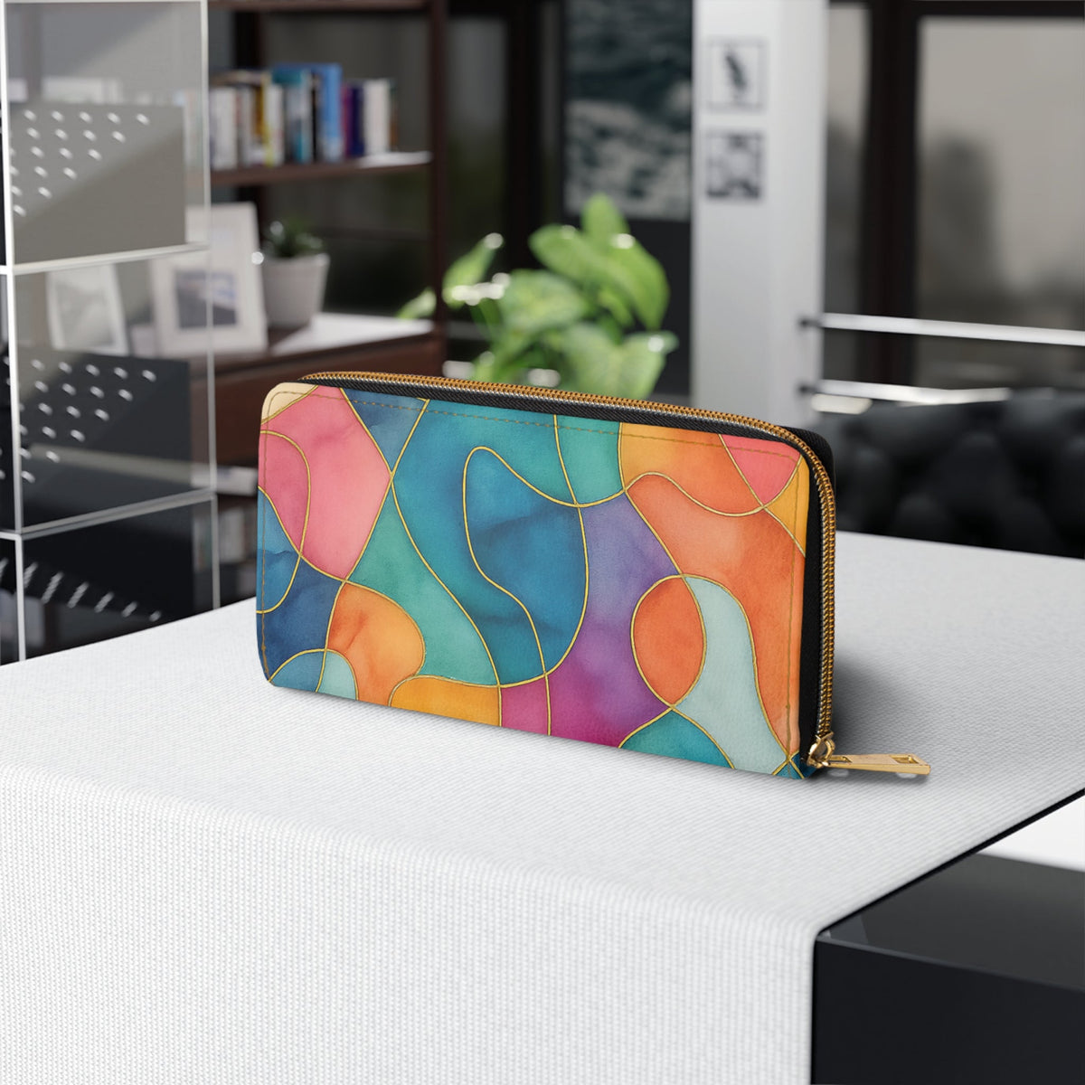 Vicky zipper wallet angled back view – colorful abstract stained-glass PU leather zip-around by the Soulful Brush
