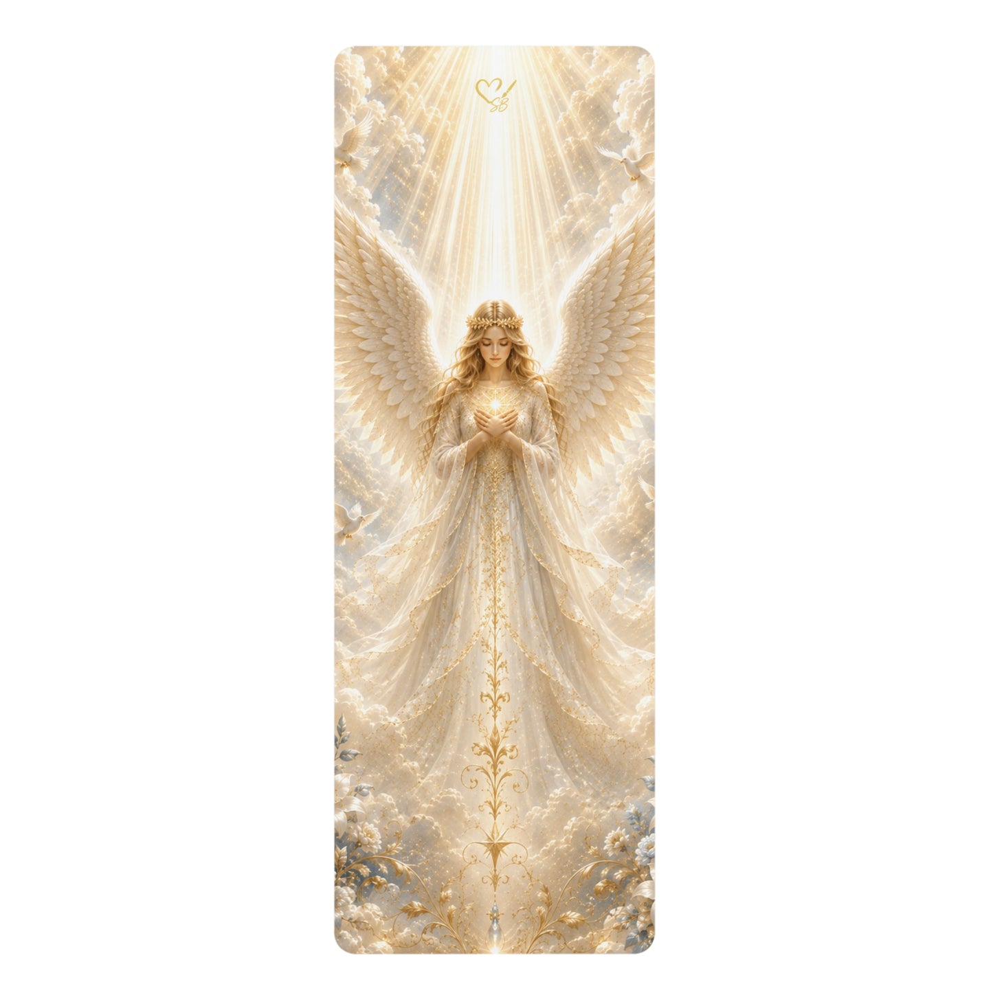 Angelic Guardian Rubber Yoga Mat — Serene Heavenly Pose Design