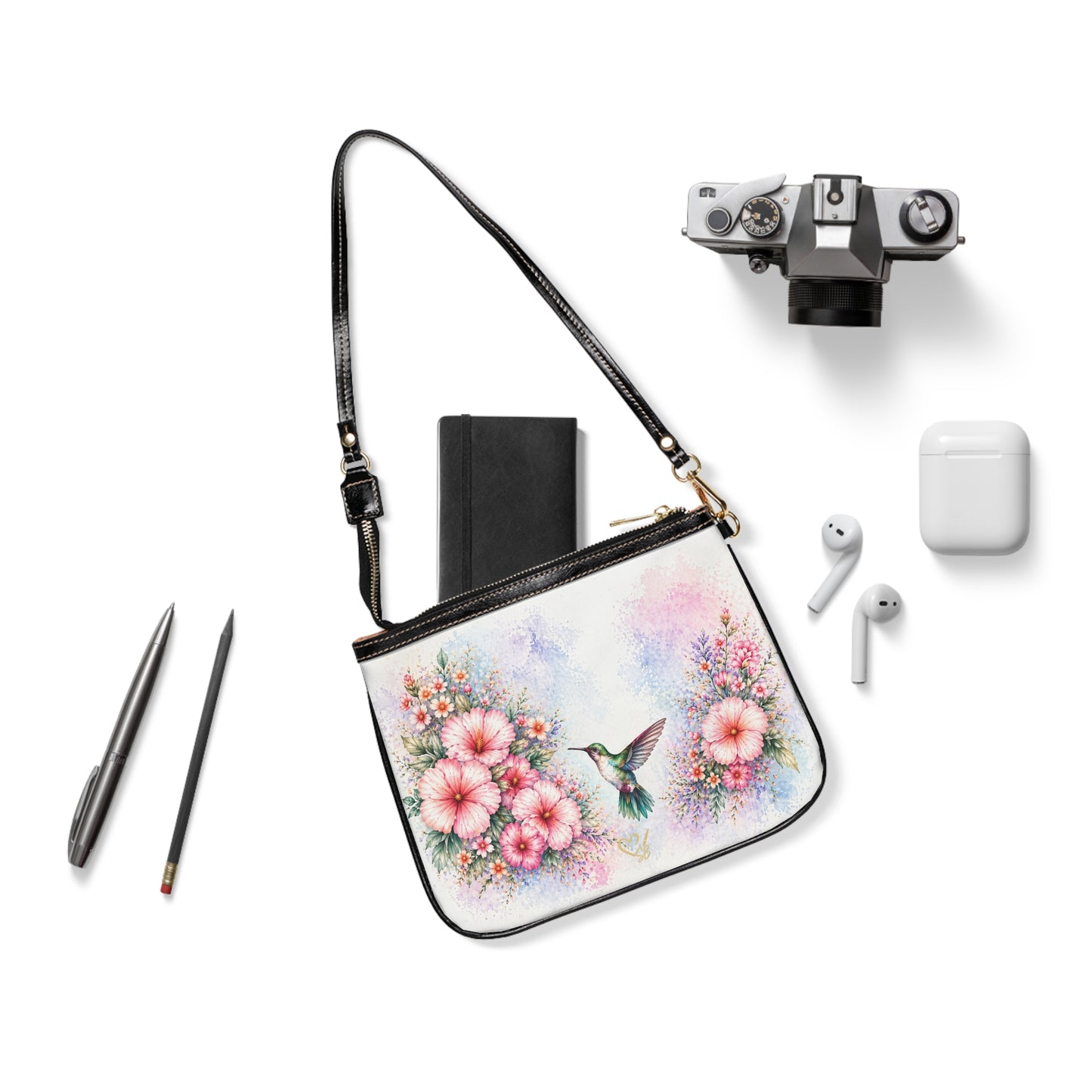 Lila -Bolso de hombro floral Colibrí — Bolso pequeño con flores de acuarela