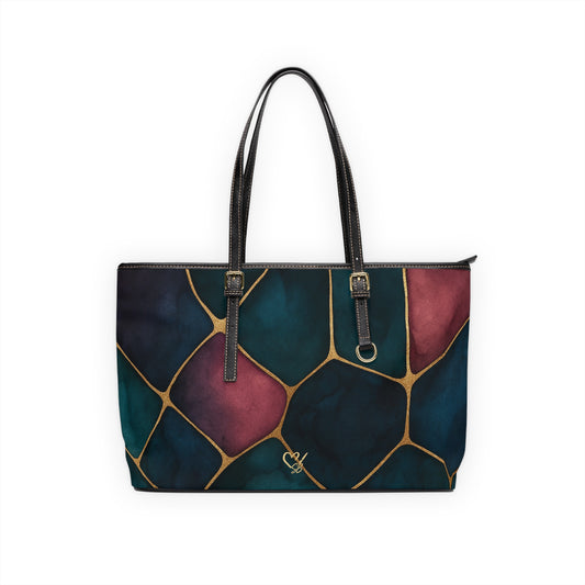 Abstract Stained Glass PU Leather Shoulder Bag — Teal & Wine Mosaic Tote