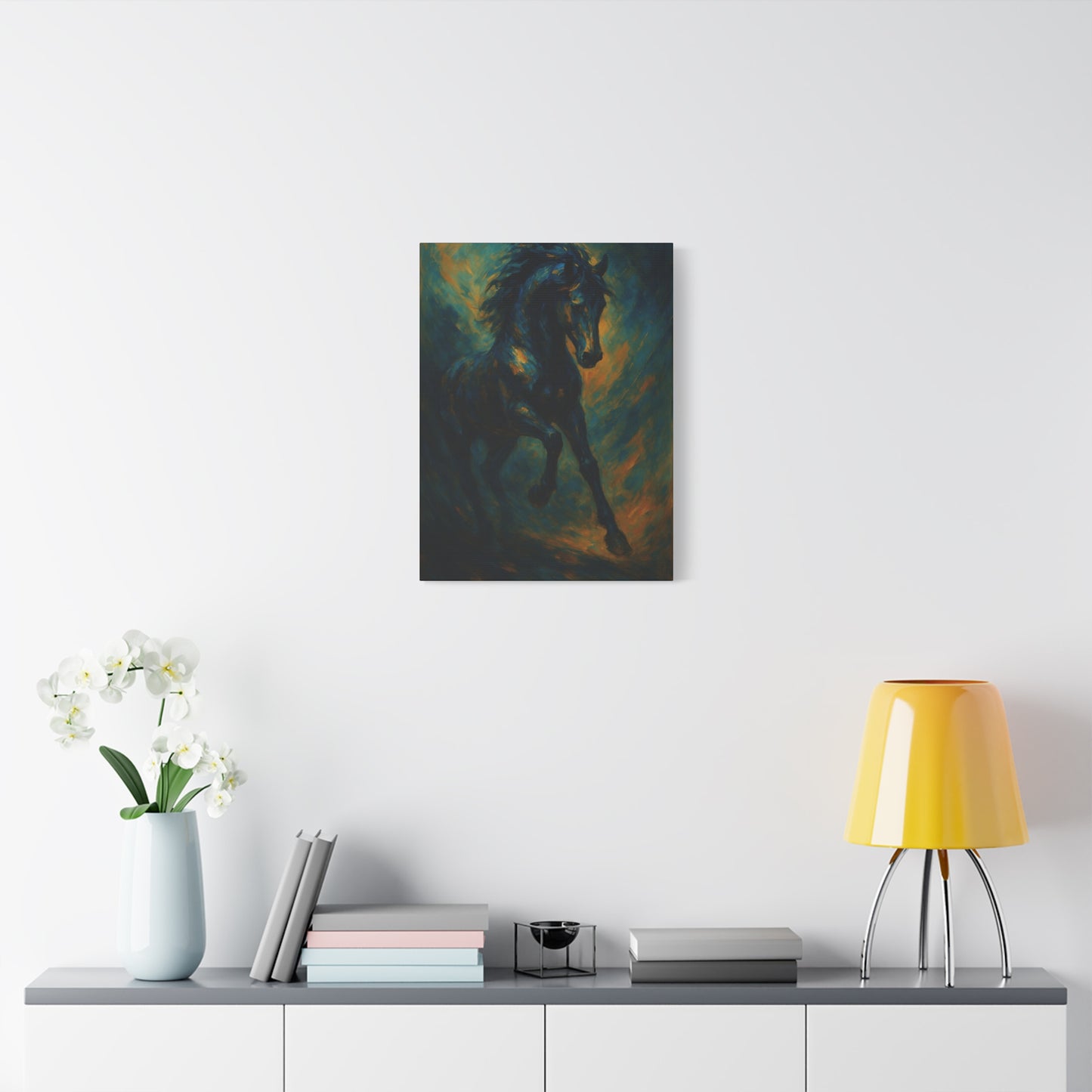 Lienzo Mate de Caballo Negro Galopando — Dramática Pintura Ecuestre