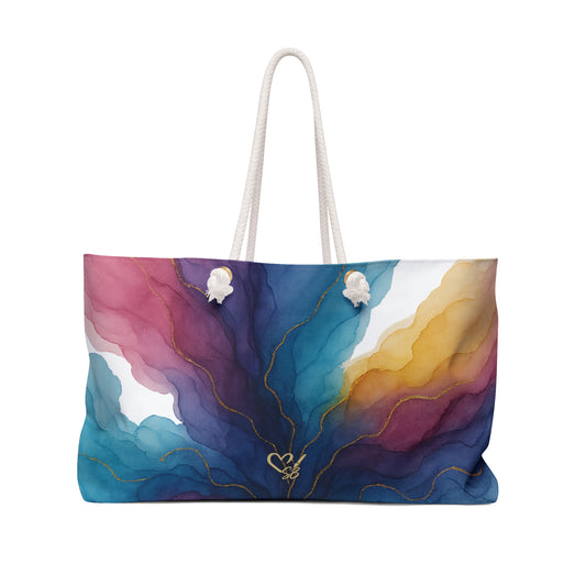 Gloria weekender bag front view – colorful watercolor teal amethyst and gold vein travel tote by the Soulful Brush
