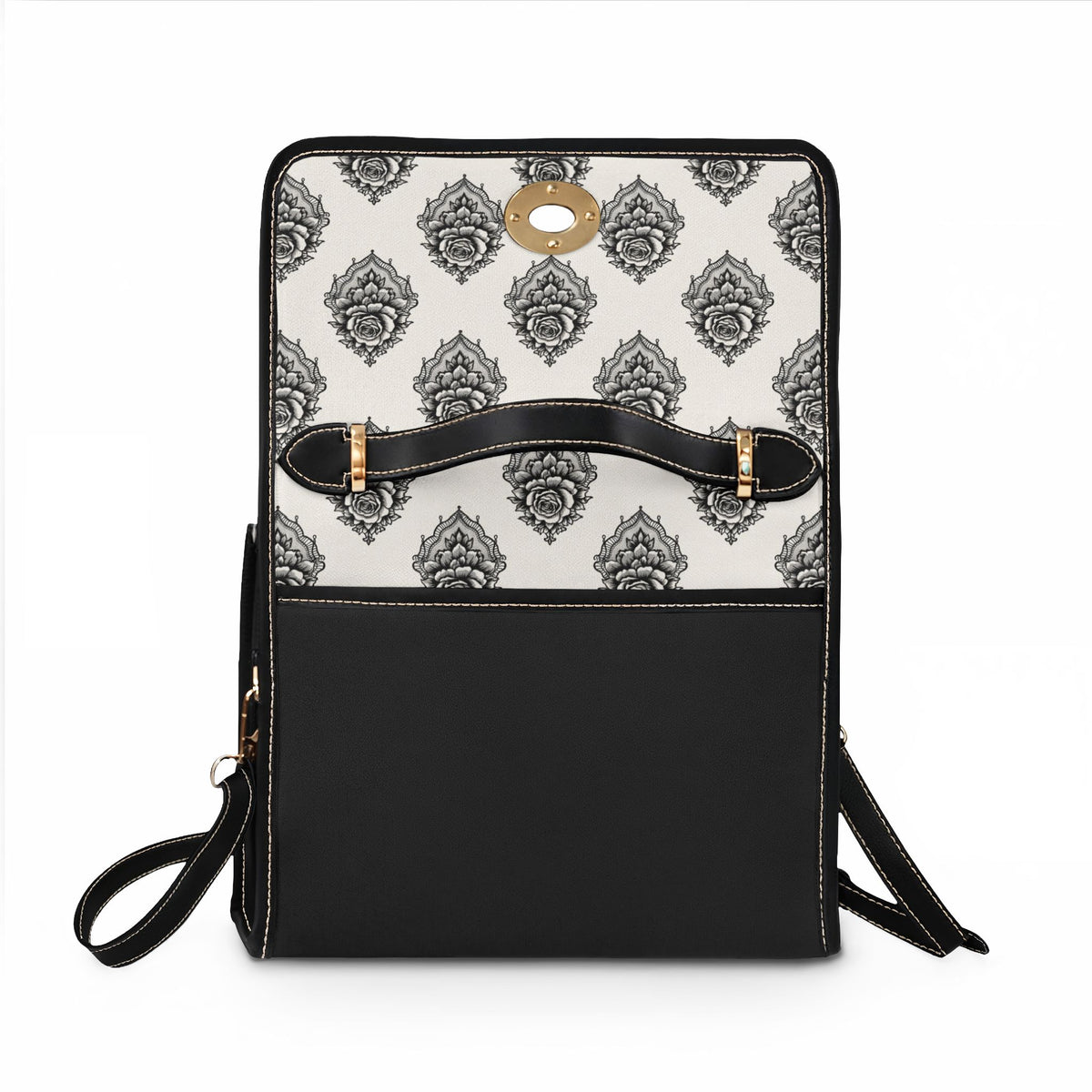Veiled Rose-Canvas Bag - Elegant Black & White Damask Satchel